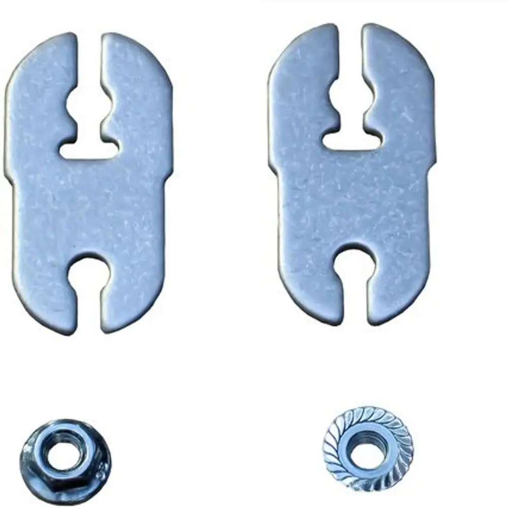 BOSCH Montageelemente aus Metall, bestehend aus zwei Teilen mit offenen Enden, sowie zwei Schrauben. Geeignet für die Verbindung von Komponenten in Heizsystemen.